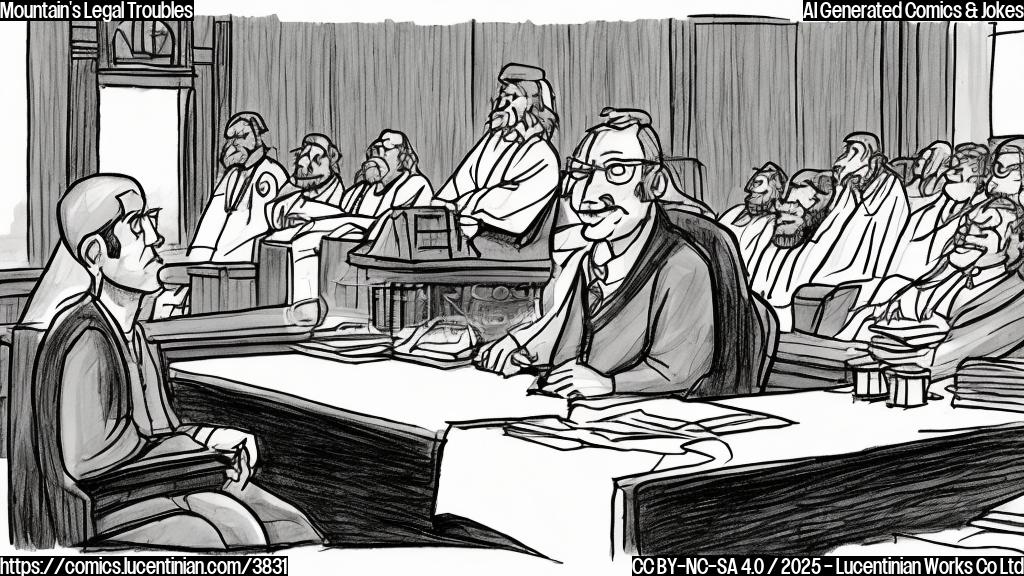 A simple cartoon drawing of a mountain in a simple brown robe sitting in a courtroom, with a cartoon lawyer looking frustrated beside him, plain colors, minimalist style