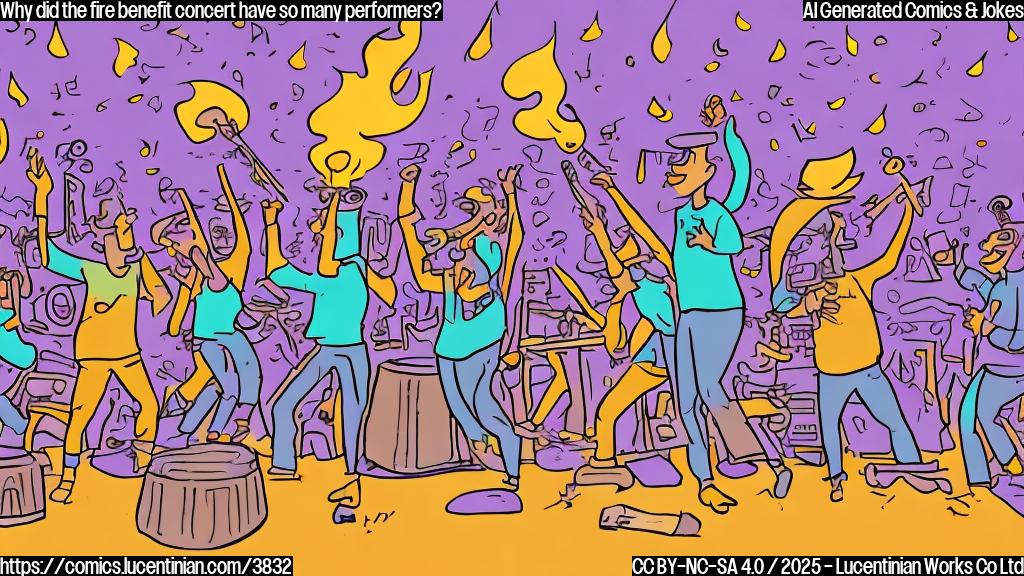 A cartoon drawing in plain colors, showing a group of musicians on stage playing various instruments, with a large friendly fire in the background, and a speech bubble above the fire saying "Raise the roof!". The style should be simple, with bold outlines and flat colors.