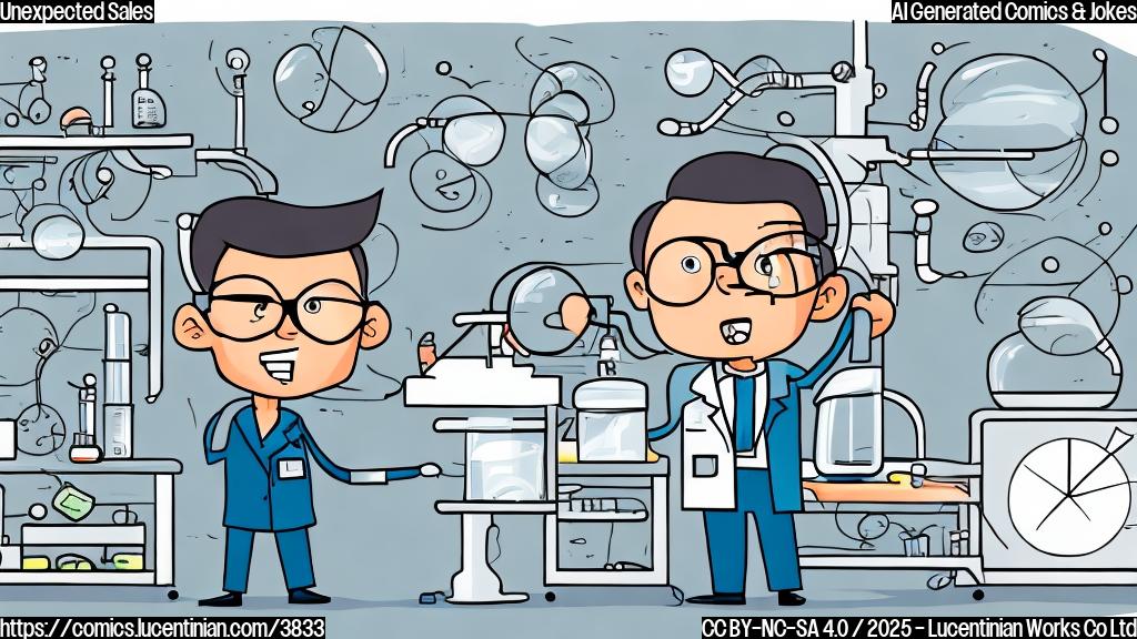 A cartoon drawing in plain colors of a surprised person in a lab coat, holding a pair of glasses, next to a large graph showing upward trending sales, with simple background of a lab. Style: simple, cartoonish