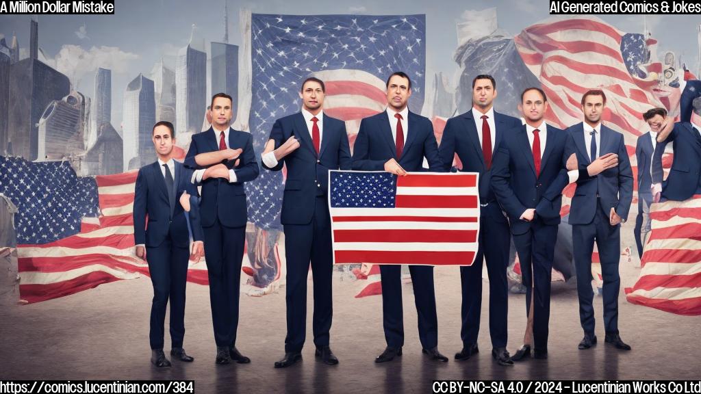 A group of stern-looking adults in suits with a large, American flag patch on their jackets are standing in front of a long table with a giant check on it. The background is a blurred image of a cityscape with tall buildings and a bright blue sky. The characters should look like they're trying to appear serious but are slightly embarrassed by the situation.