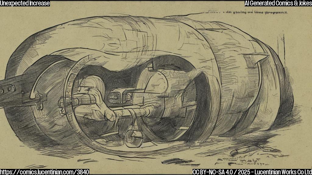 A simple cartoon drawing, plain colors, of a person happily rolling something cylindrical down a hill, representing industrial output increasing.