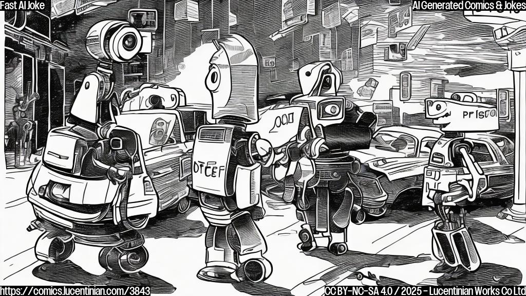 A cartoon drawing of a robot getting a speeding ticket from a human police officer.  Both characters are simple, single-color shapes. The scene is set against a plain background. Use only primary colors (red, yellow, blue).