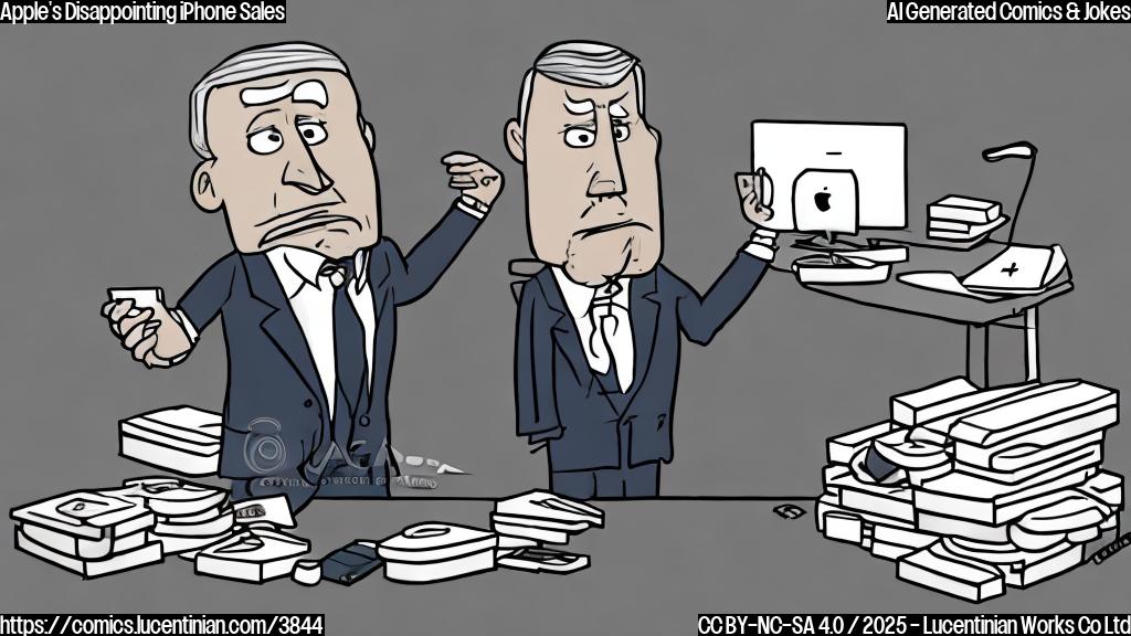 A simple cartoon drawing of a sad-looking businessman in a suit sitting at a desk with a pile of Apple Watches on one side and a few iPhones on the other, the pile of Apple Watches is bigger than pile of iPhones. The drawing should be in plain color, only using two or three colors.