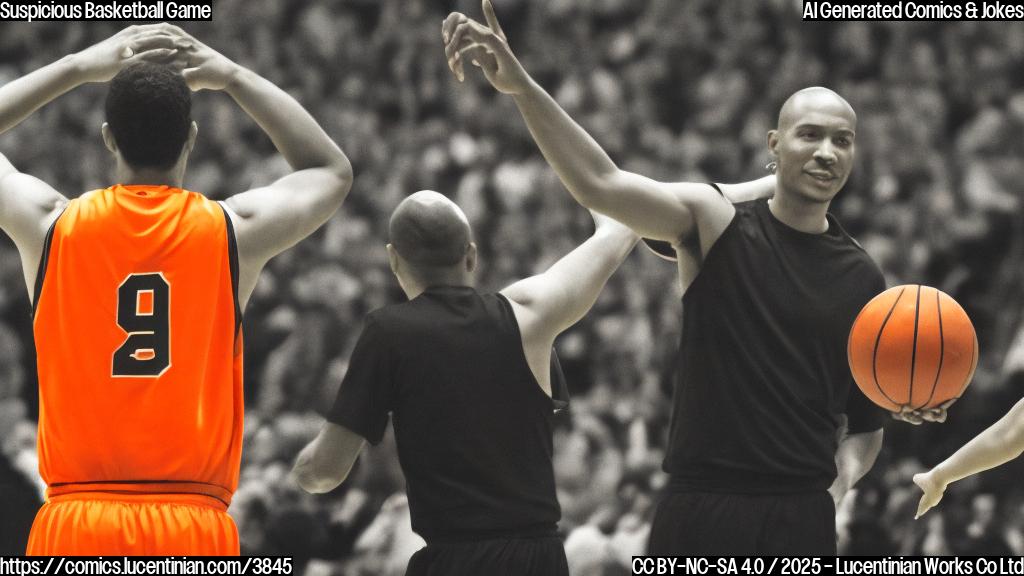 A simple cartoon of a basketball player in an orange jersey with a referee giving a red card to him, simple background, plain color style