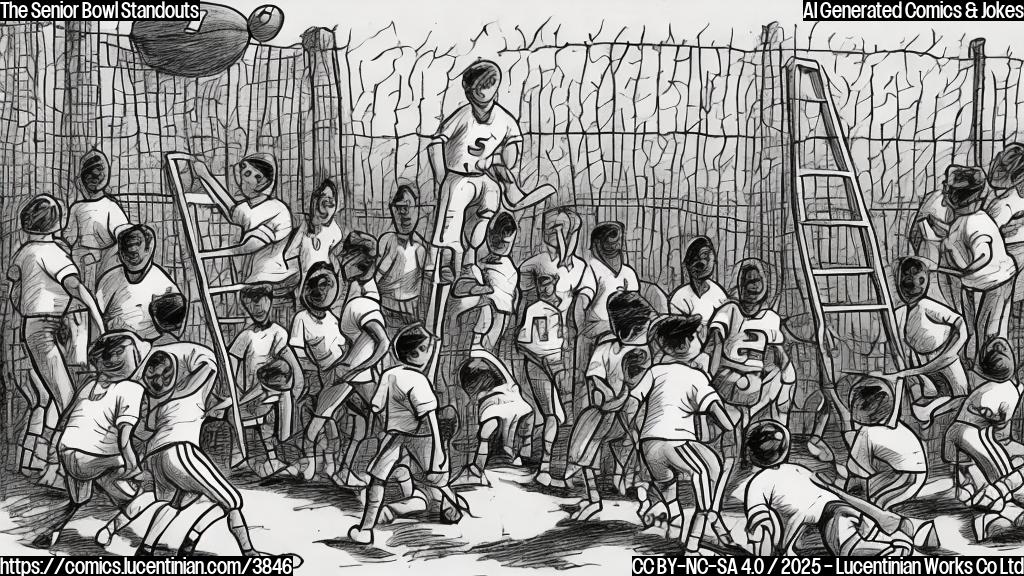 A simple cartoon drawing of a football player with a ladder, looking over a fence at a group of football players practicing on a field.  Plain colors, no shading.