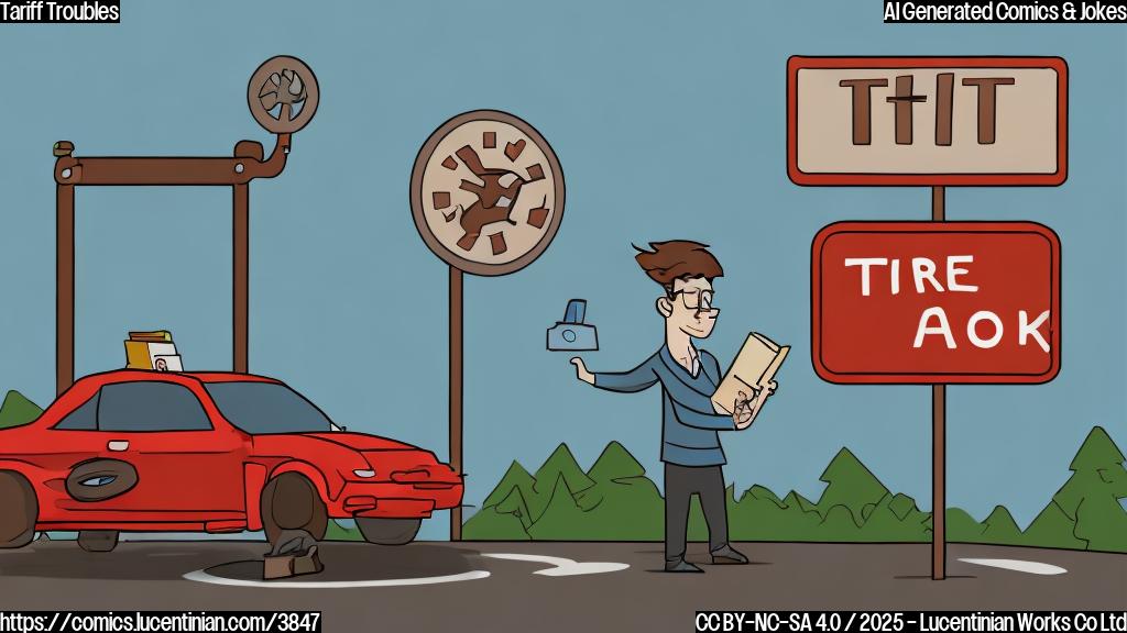 A simple cartoon drawing in flat color style, showing a person with a flat tire on a car tire, next to a small road sign with the text "Tariff" on it.  The sky is light blue, and the ground is simple brown. The car is red. The economist is depicted as a person wearing glasses and holding a book.