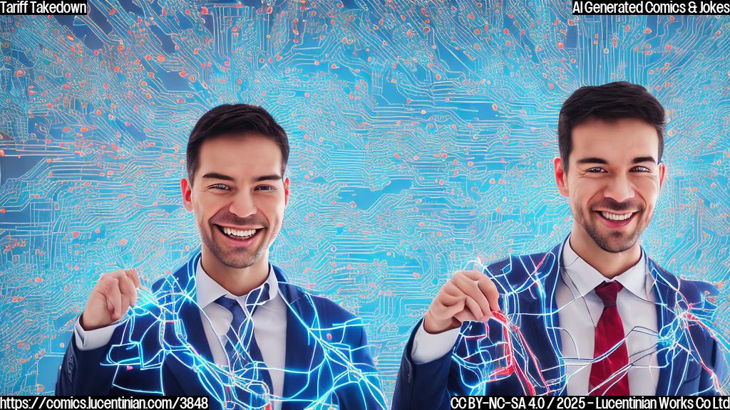 A smiling businessman with a speech bubble, holding a briefcase and wearing a shocked expression, standing in front of a giant screen displaying a chaotic mess of circuit boards and tangled wires. The background is a subtle gradient of blue and red hues, evoking feelings of stress and unease.