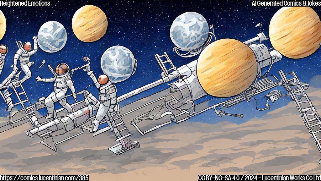 Draw a cartoon-style illustration of four astronauts (two men and two women) standing in front of an undocked spaceship, with ladders leaning against it. The astronauts should be smiling at each other, and the ladders should have hearts on them.