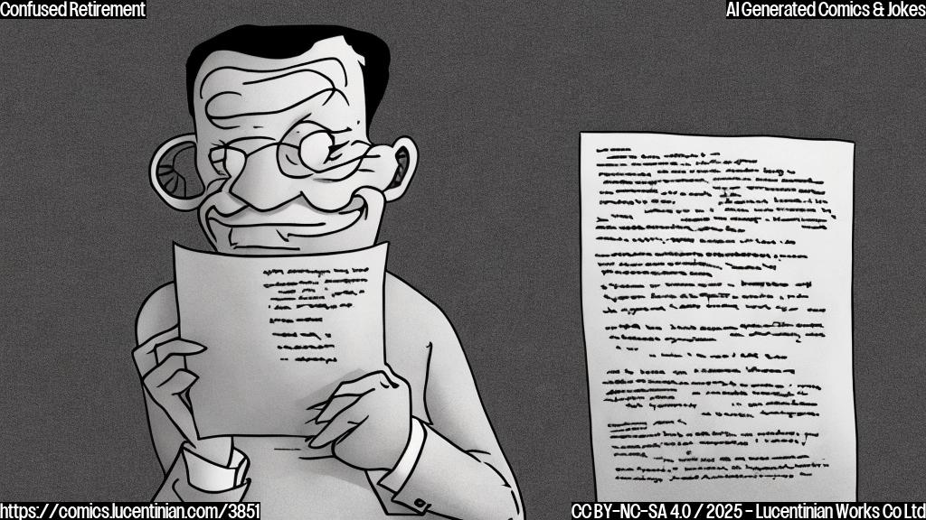 A cartoon drawing of a person with a confused expression reading a document with illegible text.  The drawing should be in a plain color style with no background.