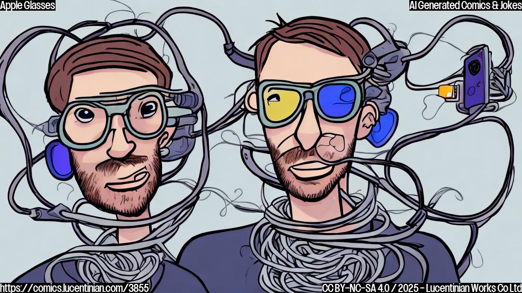 A cartoon drawing in plain colors of a frustrated-looking person wearing bulky augmented reality glasses that are connected to a smartphone by a thick cable, showing a chaotic tangle of wires.