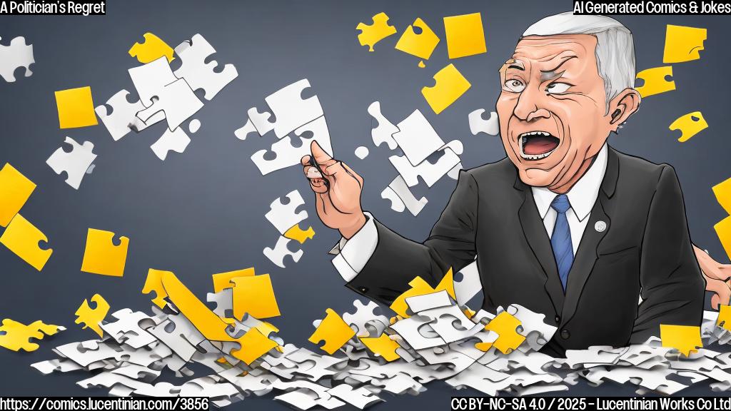 A simple cartoon of a politician in a suit looking defeated, surrounded by falling pieces of a broken puzzle that spells out "CAMPAIGN". The puzzle is on a desk with an overturned coffee mug. The drawing should be in plain colors and monotone.