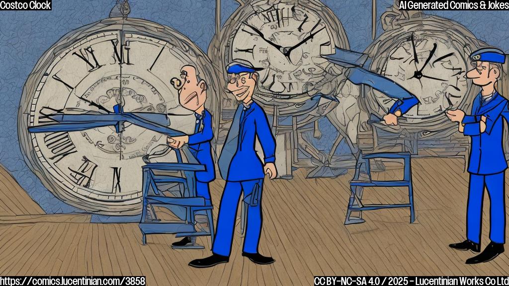 A cartoon drawing in plain colors of a Costco employee wearing a blue uniform and carrying a ladder, standing before a large clock showing almost midnight. The background is a negotiation table with two seated figures, one in a suit and one in a Costco uniform.