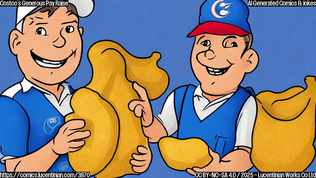 A cartoon drawing of a happy Costco employee holding a big cashew, wearing a blue vest with the Costco logo in plain color style