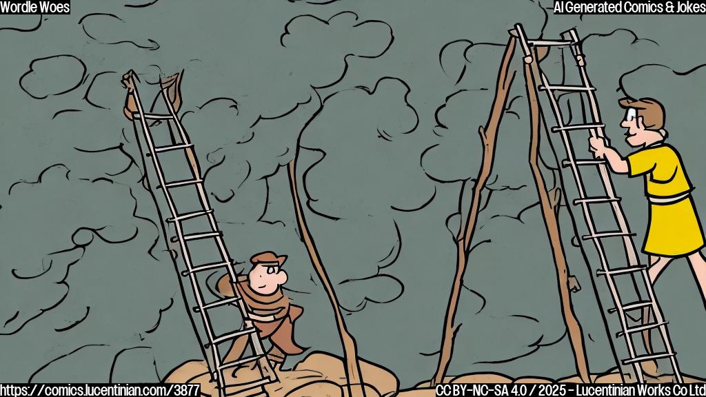 A cartoon drawing of a person using a ladder to reach a large word on a cliff, in flat color.