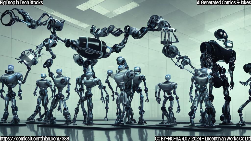 A group of sad-looking robots with robotic arms holding briefcases, standing in front of a large screen displaying a declining stock graph, with one robot looking up at a ladder leaning against the wall behind it.