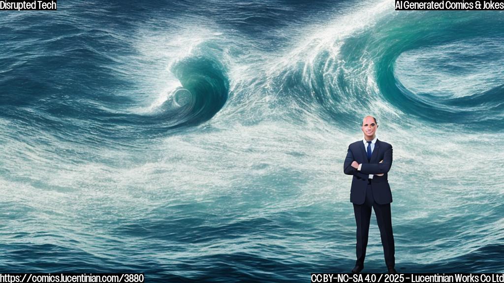 A simple cartoon of a surprised looking businessman in a suit and tie standing in front of a large, ominous-looking wave labeled "DeepSeek". The businessman is pale, and the wave is a plain dark blue. Background is plain light yellow.