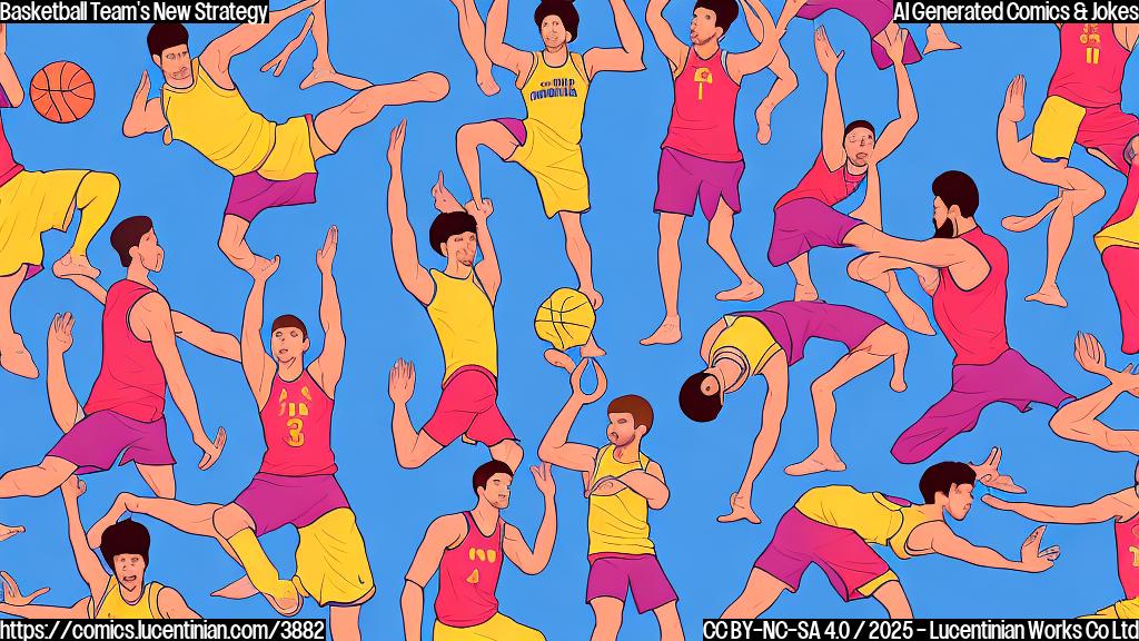 A cartoon of a basketball team doing yoga poses on a basketball court, in a simple color palette.  The style should be plain and slightly humorous.