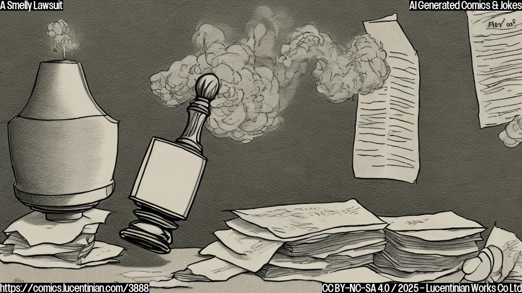 A simple cartoon drawing of a gavel with a nose, and a pile of papers labeled "evidence" with a stink cloud coming from them. Colors: Brown for gavel and papers, gray for stink cloud.