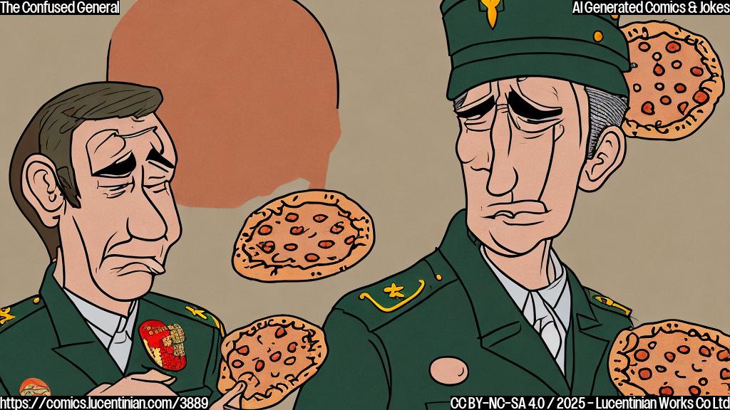 A cartoon drawing in plain colors of a confused-looking general in uniform scratching his head near a half-eaten pepperoni pizza. The style should be simple, almost child-like, with solid, flat colors and minimal details.