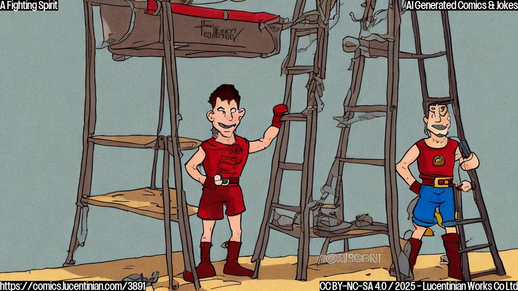 A cartoon drawing in a plain color style of a fighter wearing red shorts and gloves, standing next to a ladder that leads to an elevated platform. The overall style should be simple and humorous.