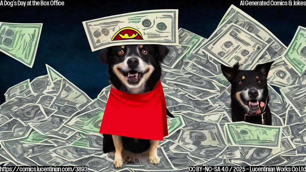 A simple cartoon drawing of a happy dog wearing a superhero cape, standing proudly on top of a giant pile of money. Use only plain colors.