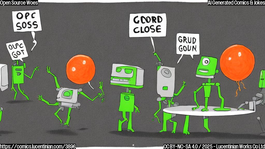 A simple cartoon drawing in plain color, showing a group of sad robots in dark grey suits holding signs that say "Closed Source", around a table with a single, happy, green robot in a bright orange suit holding a sign that says "Open Source".