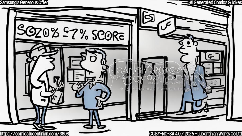 A simple cartoon drawing of a confused customer walking away from a large Samsung store. The store has a giant sign above the door that says "70% OFF!". The customer has a bewildered expression on their face and is carrying an empty shopping bag. The style should be plain color cartoon, without shading or gradient, using only a few primary colors.