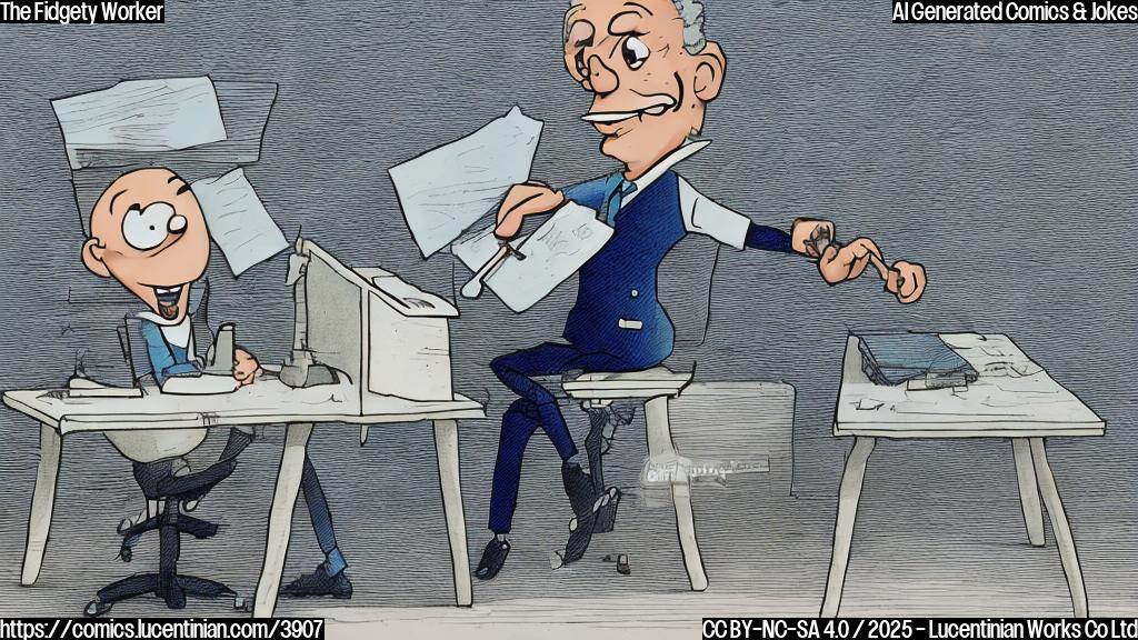 A plain color cartoon of a person sitting at a desk, legs bouncing, hands rapidly clicking a pen. The person has a surprised expression, and the desk is slightly damaged.  The background is a simple, light blue.