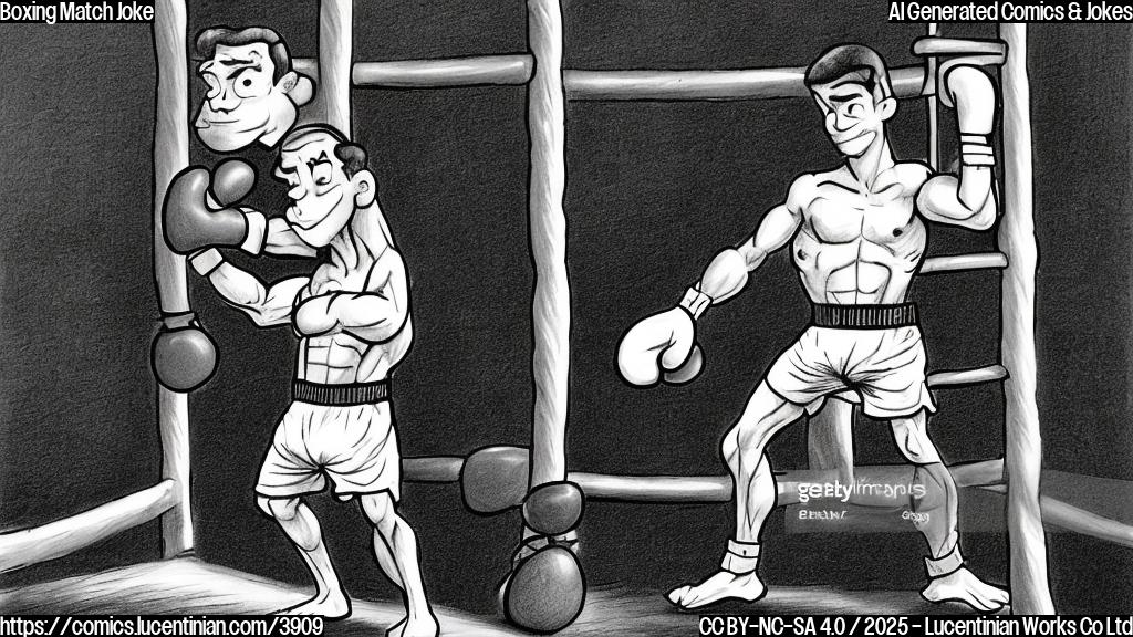 A cartoon drawing in plain colors of a boxer standing next to a ladder in a boxing ring. The boxer is wearing boxing gloves and shorts, and the ladder is leaning against one of the ropes. The style is simple and childlike, with no shading or complex details.