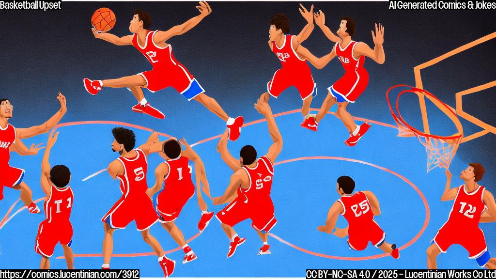 A simple cartoon drawing in plain colors, depicting two basketball teams playing a game. One team wears red uniforms and the other wears blue uniforms. The red team is celebrating a victory, jumping with their arms raised. The blue team looks dejected. The background is a simple basketball court.