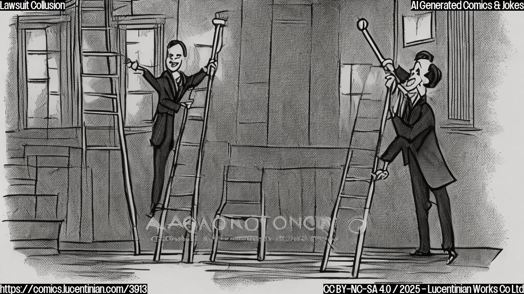 A cartoon drawing in plain colors of a lawyer in a suit climbing a ladder towards a very large gavel. The lawyer is smiling. The background is a simple courtroom sketch.