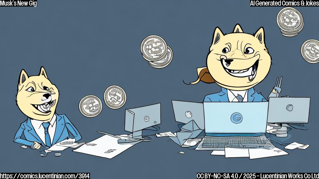 A cartoon drawing in plain colors of a man in a business suit with a mischievous grin sitting at a computer, surrounded by flying Dogecoin coins.  The background is a simple light blue color. The style should be simple and minimalist, without complex shading or backgrounds.