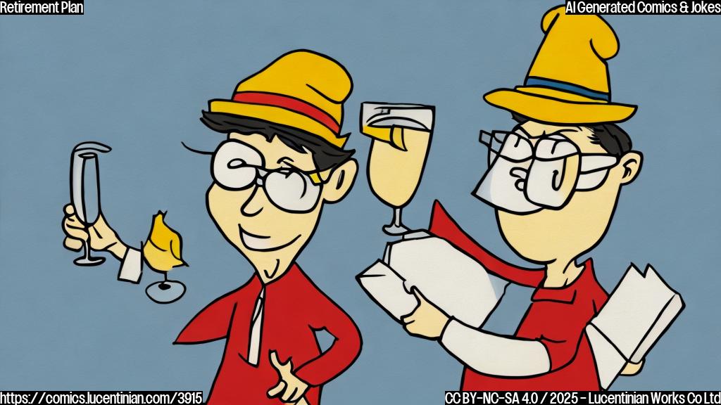 A cartoon drawing in plain colors showing a person wearing a hat and glasses, cheerfully waving a book in one hand, while raising a glass in the other. In the background, is a blurred-out image of a globe.