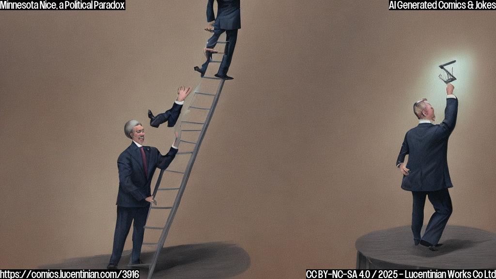 A plain color cartoon of a politician in a suit climbing a ladder on a debate stage, another politician looks up from the stage in a surprised expression.  Use a muted color palette, think Minnesota winter.