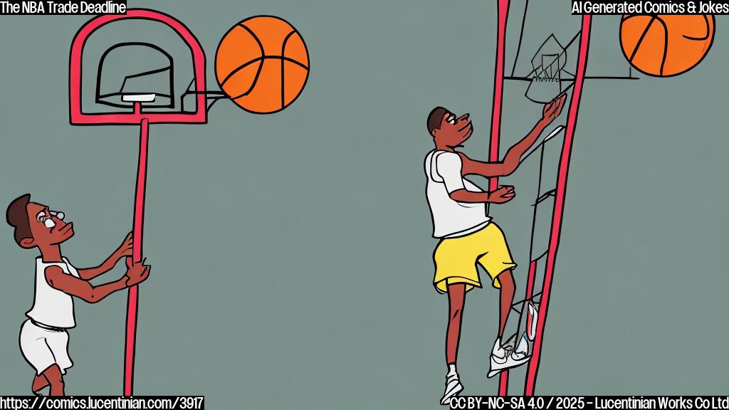 A cartoon drawing of a basketball player in plain colors, holding a ladder, looking up at a very high basketball hoop. The style should be simple and child-like, with solid colors and no shading or gradients.