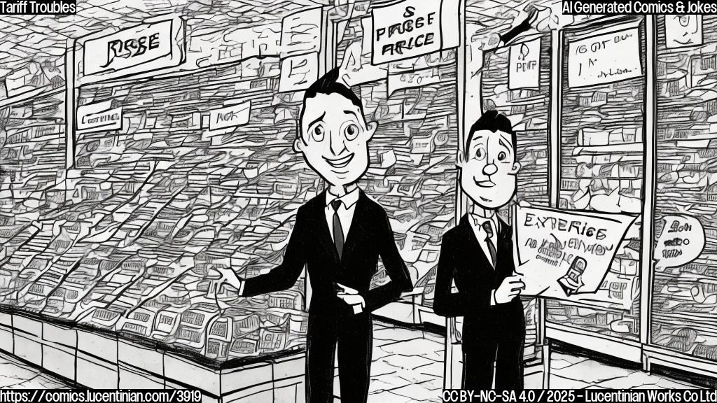 A cartoon drawing of an economist in a suit and tie standing in front of a grocery store, looking perplexed, with a thought bubble above his head showing a graph with sharply rising prices. Simple, plain colors, no background.