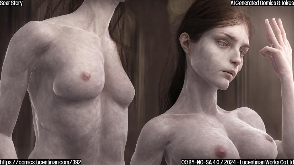 A woman with smooth, pale skin and short, dark hair is sitting in a therapist's office. She has two small, white scars on her chest, shaped like crescents. The scars are slightly raised and have a slight pinkish tint around the edges. The woman is looking down at her hands, which are clasped together in front of her. Her expression is contemplative, with a hint of sadness.