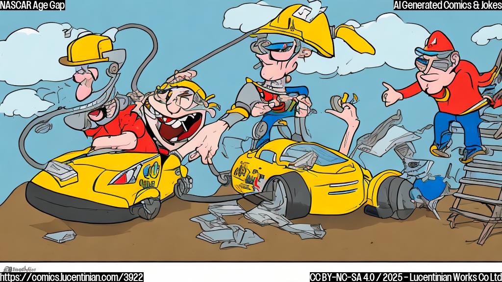 A cartoon drawing of a plain color style showing a funny 53-year-old man with a racing helmet, carrying a ladder next to a cartoon race car