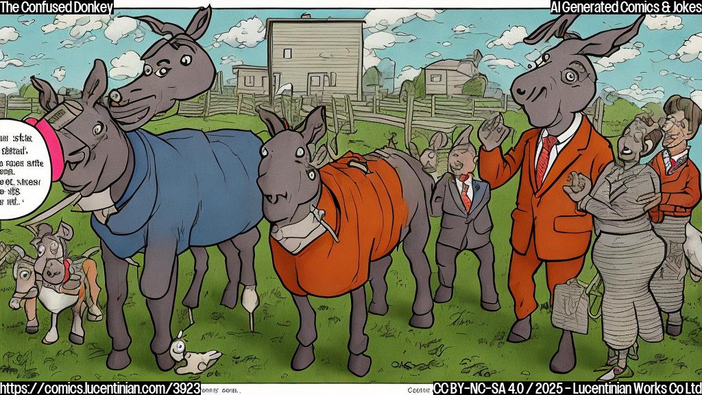 A cartoon donkey wearing a politician's suit, looking utterly perplexed, with three thought bubbles above its head: one showing a fence, another showing a happy family, and a third showing farm workers. Simple, flat color cartoon style.