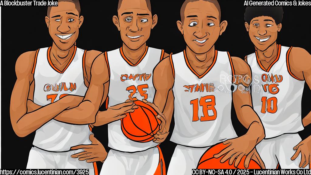 A simple cartoon of two basketball players, one noticeably taller and slimmer with a sad expression, the other shorter and more muscular, looking happy. The background is a basketball court. Use only three colors: light orange, dark orange, and black.