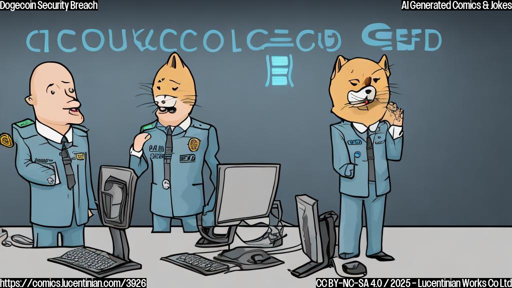 A plain color cartoon of two frustrated security guards standing in front of a computer screen with a dogecoin logo flashing on it. The guards are wearing suits and have worried expressions. The background is a simple, light blue color.