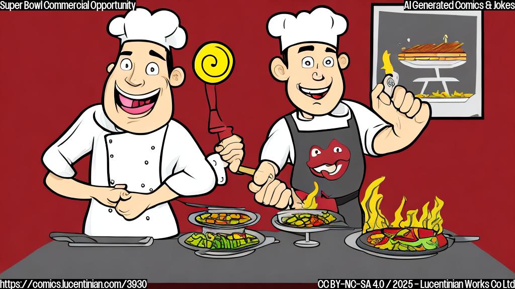 A simple cartoon drawing of a happy chef in a BBQ restaurant apron showing a large juicy meat and the Super Bowl trophy, in plain colors.