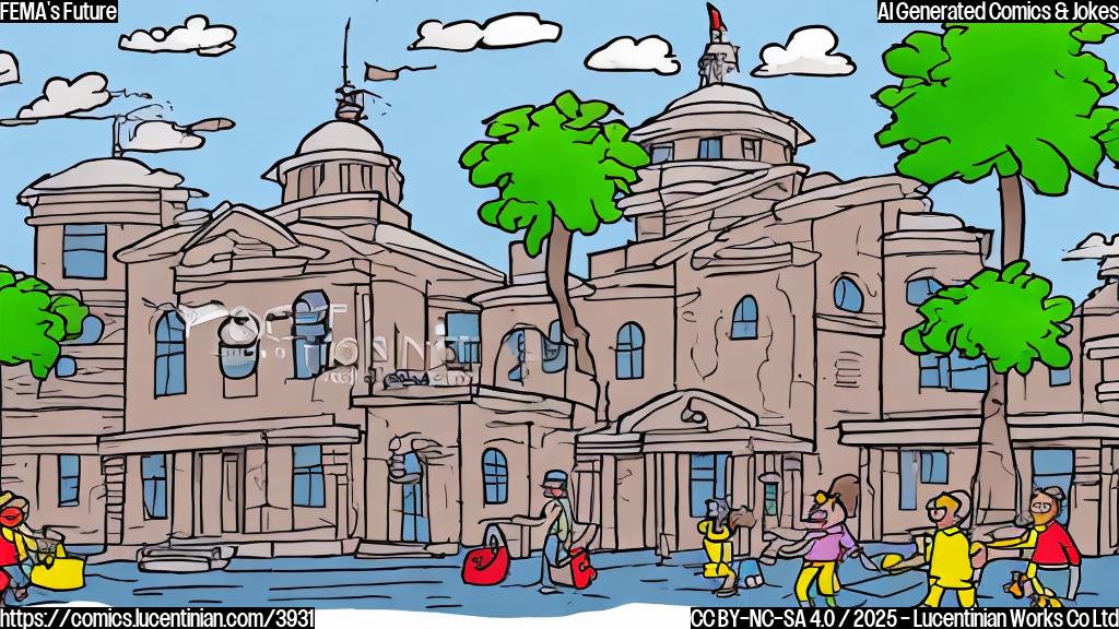 A simple cartoon of a government building getting a fresh coat of paint, with happy people walking towards it. Use only solid colors, no gradients.