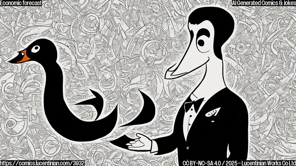 A cartoon illustration in the style of a plain color comic. A large, black swan wearing a suit and tie. The swan has a concerned expression, and a graph showing a sharp downward trend is behind him. The background is a plain, light color.