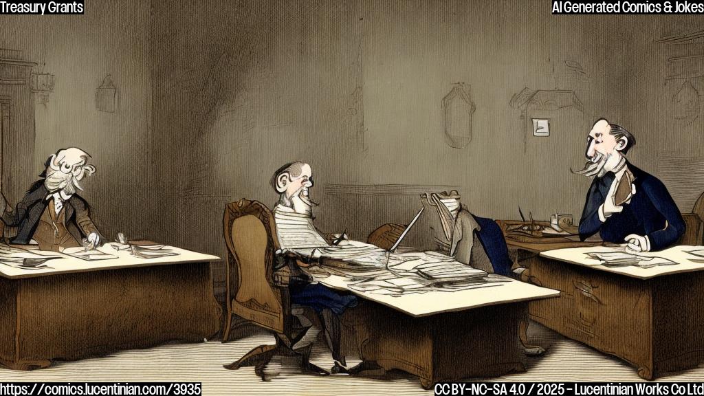 A simple cartoon of a stern-faced government official sitting at a desk, saying no to a businessman with a greedy expression. The scene is in a plain color background. The style is plain color cartoon.