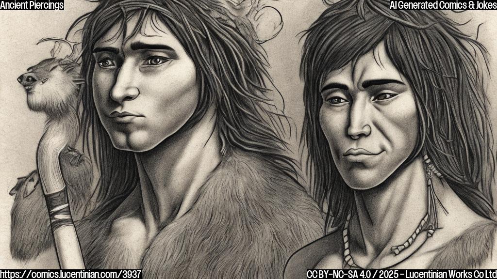 A cartoon drawing of a young paleolithic human with a cheek piercing, wearing simple animal skin clothing.  The style should be simple and flat colored, without any background.