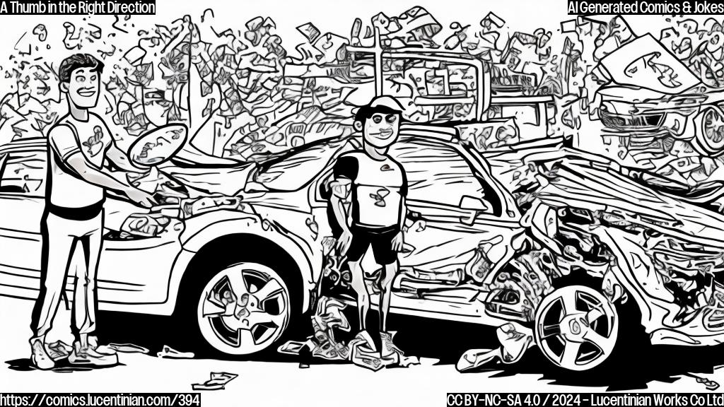 Draw a cartoon of a thumbs up with a car crashed in the background, and a quarterback (Bryce Young) giving a thumbs up while holding an ice pack on his injured thumb.