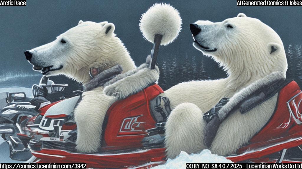 A cartoon of a polar bear wearing a russian ushanka hat, driving a snowmobile.  Plain color.