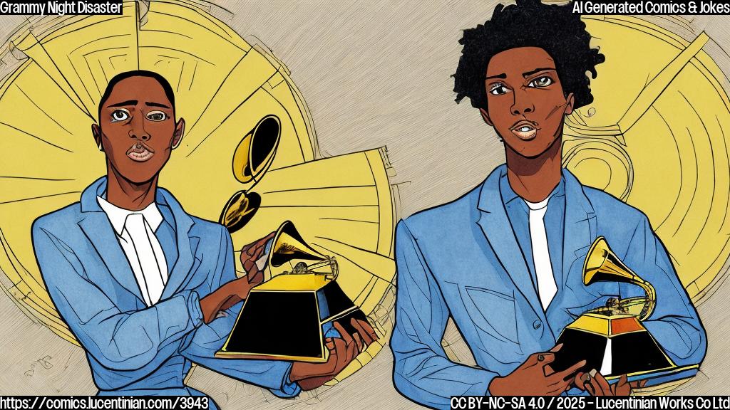 A cartoon drawing of a singer in a stylish outfit holding a ladder, standing in front of a large, shiny Grammy award. The style is simple, with flat colors and minimal details. The singer is looking up at the award, with a determined expression on their face. The colors are primarily gold, black, and a vibrant pop of color for the singer’s outfit.