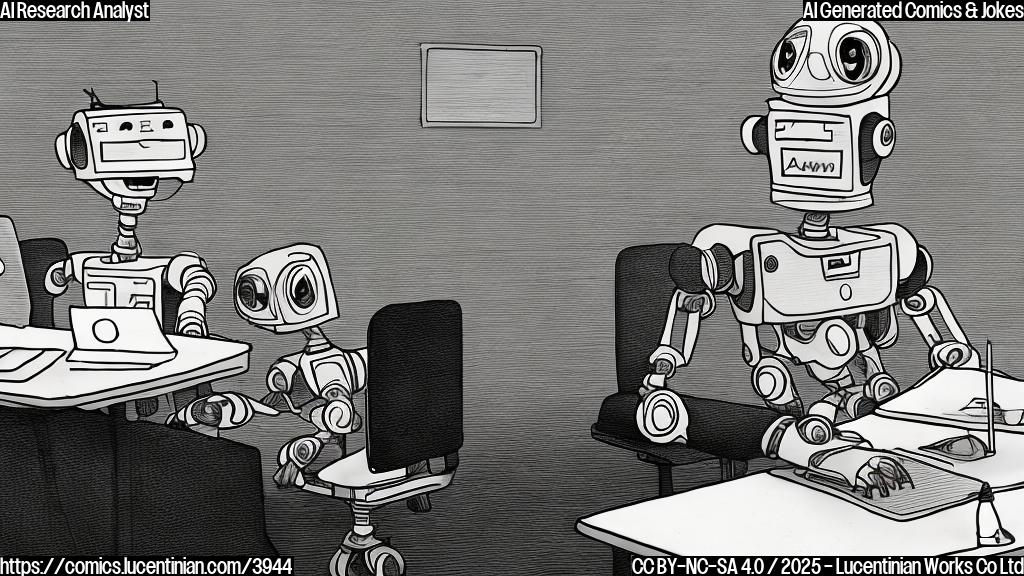 A simple cartoon of a robot wearing a suit and tie, looking dejected, sitting at a desk with a laptop showing a Wikipedia page. Plain color background.